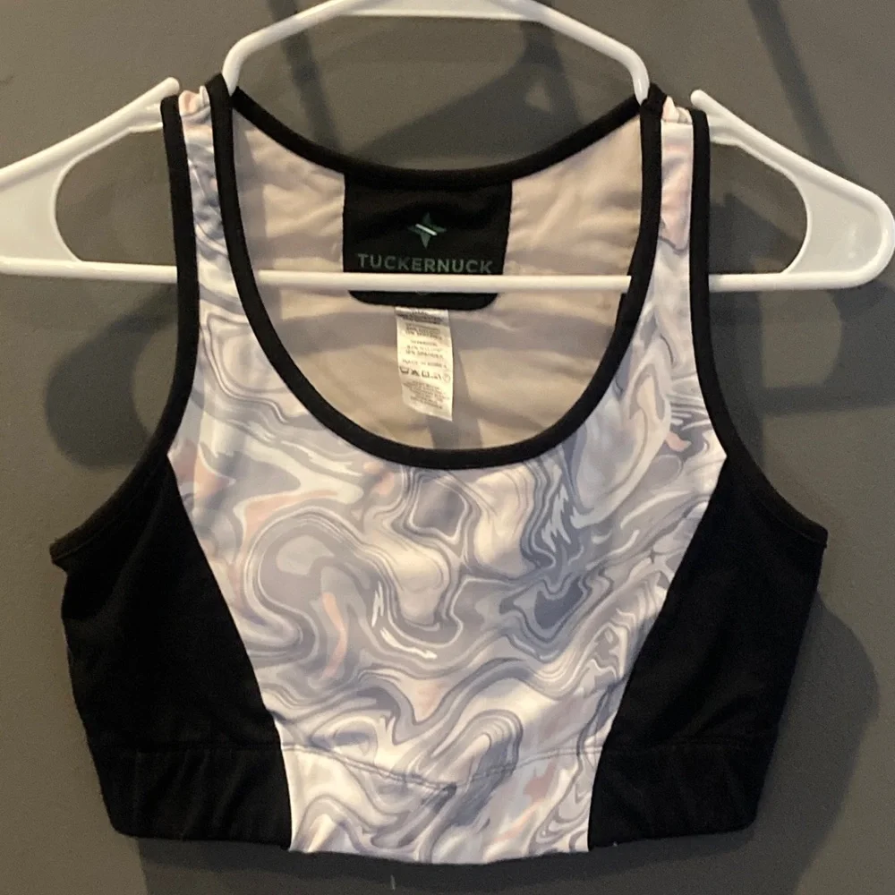 Tuckernuck size small pink black and gray marble patterned sports bra EUC